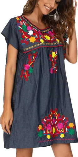 Vista 26 de YZXDORWJ Vestido bordado mexicano de manga corta para mujer 222BK