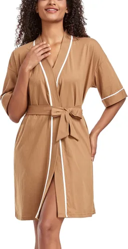 Vista 159 de COLORFULLEAF Bata de baño de manga corta para mujer, 100% algodón, longitud hasta la rodilla, con bolsillos