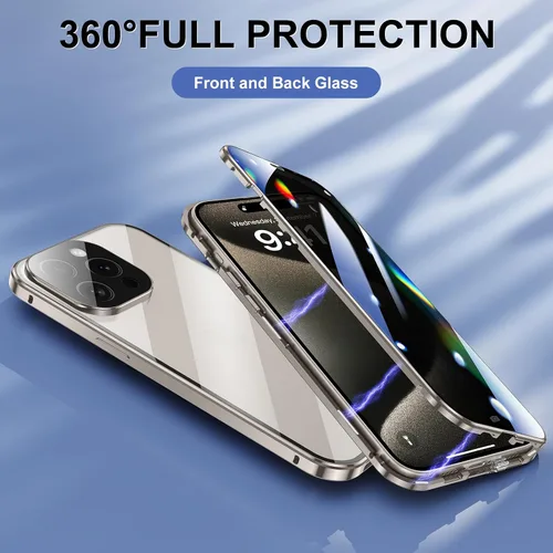 Vista 4 de Funda antiespía para iPhone 15 Pro Max (6.7 pulgadas), cubierta de vidrio templado de privacidad frontal y trasera 360, parachoques magnético