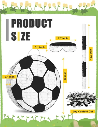 Vista 2 de Piñata de fútbol – Incluye palo de madera, vendaje de ojos y confeti – 13 x 13 x 3 pulgadas – Perfecto para decoraciones de fiestas deportivas