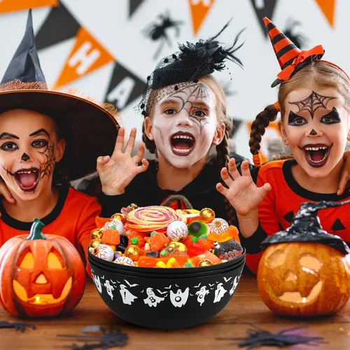 Vista 7 de 3 cuencos de plástico de Halloween para dulces, cuencos reutilizables para Halloween, suministros para fiestas de Halloween (fantasma negro)