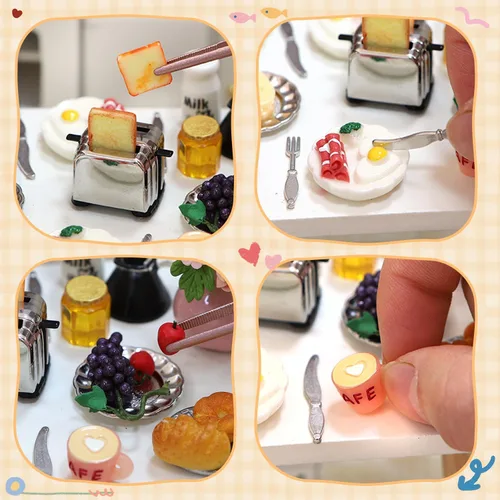 Vista 4 de iLAND Accesorios de casa de muñecas en miniatura de cocina de casa de muñecas, comida en miniatura (desayuno amante 16pcs)