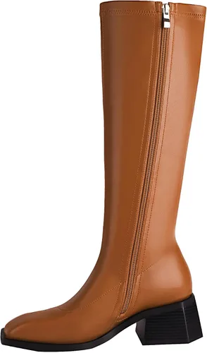 Vista 3 de vivianly Botas altas hasta la rodilla para mujer, tacón grueso, punta cuadrada, con cremallera, botas largas