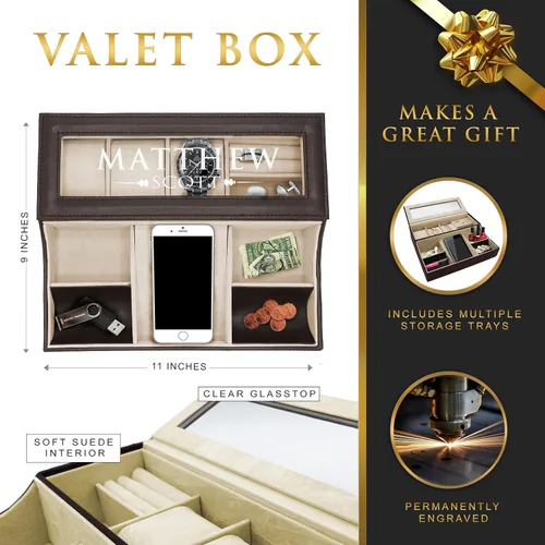 Vista 2 de My Personal Memories, Caja de bandeja de valet de cuero personalizada, organizador de aparador para hombre con monograma personalizado (marrón)