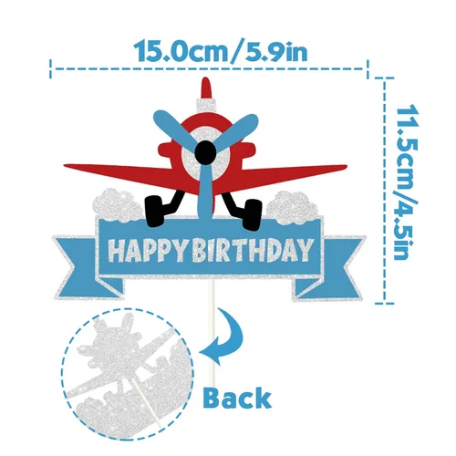 Vista 2 de Decoración de pastel de feliz cumpleaños con diseño de avión con purpurina, decoración de pastel temático de moscas del tiempo, la aventura espera