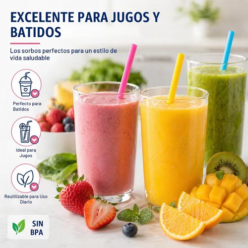 Vista 6 de Juego de 5 pajitas de silicona reutilizables anchas de 10 pulgadas de largo