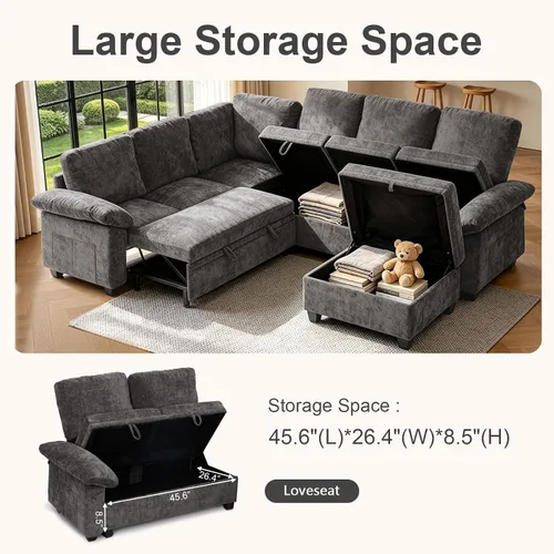 Vista 4 de 108" sofá seccional modular del durmiente, forma de L sacó el sofá cama con Gris