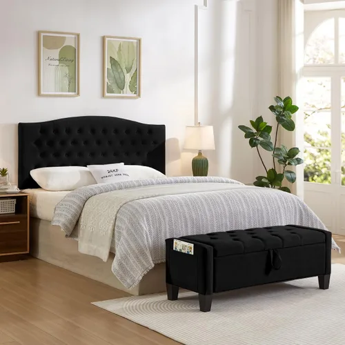 Vista 5 de 24KF 6058-Q - Cabecera tapizada de terciopelo con botones para montar en la pared, cómoda y a la moda, tamaño Queen/Matrimonial, color negro