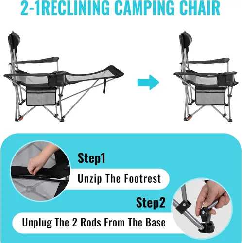 Vista 4 de Silla de Camping Reclinable 2-en-1 de #WEJOY con Reposapiés para Adultos Silla Plegable de Salón con Respaldo Ajustable Sillas de Camping Ligeras