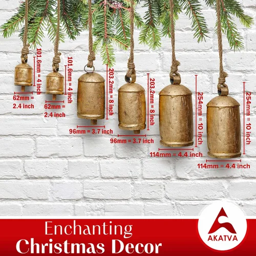 Vista 3 de AKATVA Campanas de Navidad grandes para decoración – Campanas de vaca para decoración navideña rústica – Campanas doradas para decoraciones