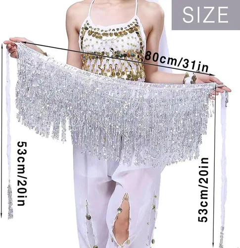 Vista 2 de dmjuncong Falda de danza del vientre para mujer, falda de lentejuelas con borlas y bufanda, disfraz brillante para Navidad, fiesta de Halloween