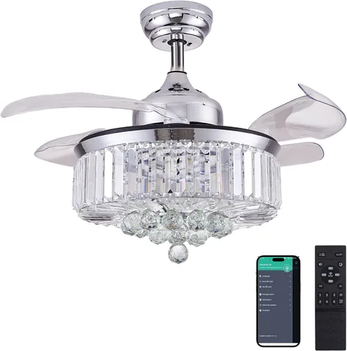 Vista 10 de DuMaiWay Ventilador de techo de 30 pulgadas con lámpara de cristal de luz, ventilador de techo reversible moderno, regulable, temporizador Negro