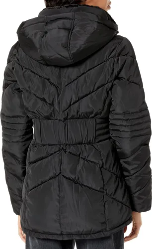Vista 3 de GUESS Women's Short Hooded Puffer Coat with Faux Fur Bib