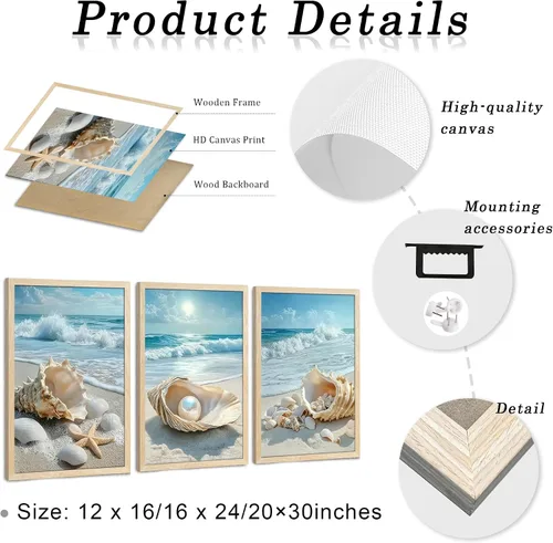 Vista 6 de SYWENNOI 3 piezas de arte de pared de playa con marco de madera, juego de 3 impresiones costeras, conchas marinas, estrellas de mar, olas, orilla