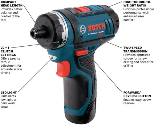 Vista 2 de Kit Bosch PS21 destornillador de bolsillo de 2 velocidades, 2A, 12 volt máx., ión litio con 2 pilas, cargador y estuche