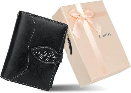 Vista 3 de CONISY Cartera pequeña para mujer, billetera compacta de cuero plegable con pulsera RFID bloqueo para mujer (negro)