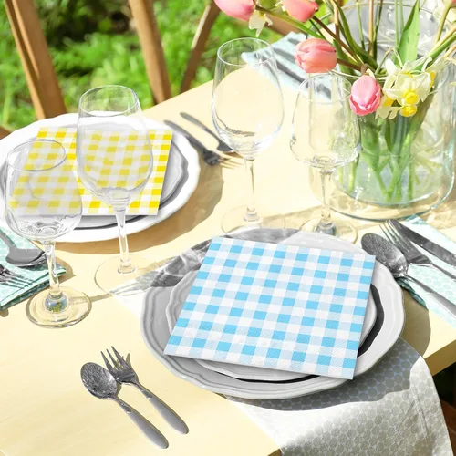 Vista 6 de Whaline 60 servilletas de cóctel de primavera y Pascua, 6 colores pastel, servilletas de papel a cuadros desechables para baby shower, picnic