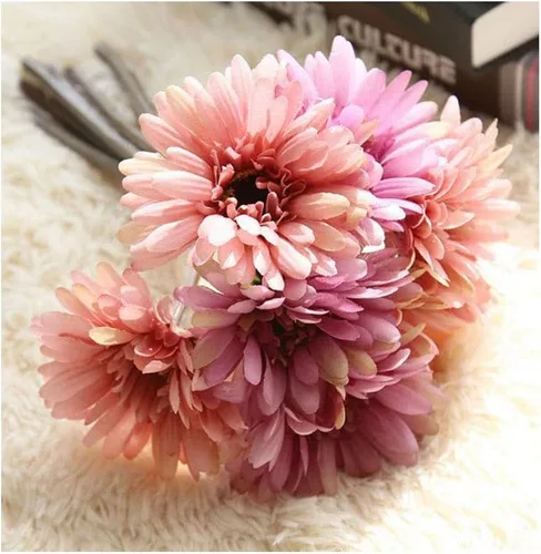 Vista 6 de Flor de gerbera artificial, margaritas artificiales, para novia, dama de honor, 7 tallos de seda, margaritas de seda, ramo de boda, sala de estar