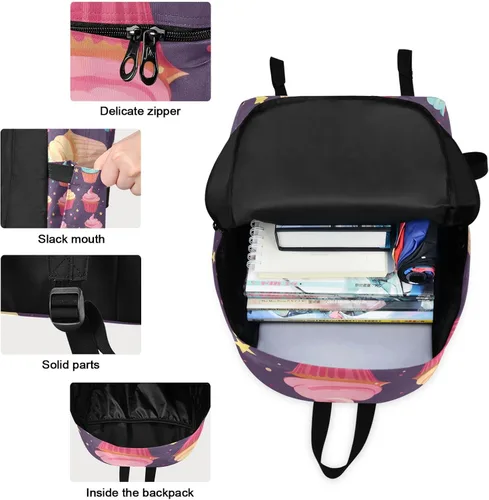 Vista 3 de Mochila de Halloween con diseño de calabaza y gato con lonchera, bolsas de libros de jardín de infantes para niños, Cupcakes en púrpura