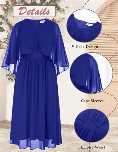 Vista 4 de Hanna Nikole Vestido de fiesta de noche de gasa con cuello en V para mujer, talla grande, manga capa, maxi vestidos para invitados de boda