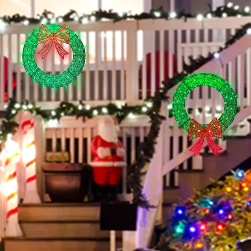 Vista 2 de Corona de Navidad Iluminada para Decoraciones Exteriores, Corona de Navidad Pequeña de 24 pulgadas, 110 Luces con 8 Efectos Intermitentes, Corona