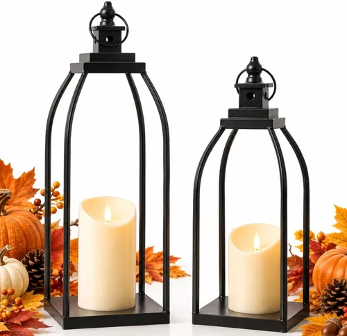 Vista 12 de DARJEN Farol Moderno de Granja para Decoración de Exteriores e Interiores - Faroles de Vela de Metal Negro de 15'' 12'' para Navidad, Faroles