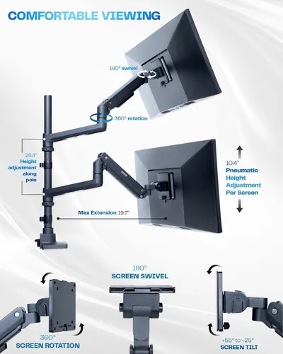 Vista 5 de VIVO Soporte de escritorio extra alto para monitor ultraancho doble con brazo neumático para pantallas de hasta 49 pulgadas, abrazadera resistente
