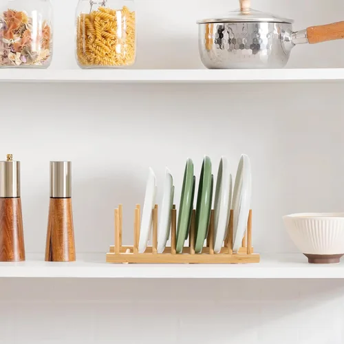 Vista 5 de HBlife Estante de platos de madera de bambú, organizador de cocina con 7 1 unidad