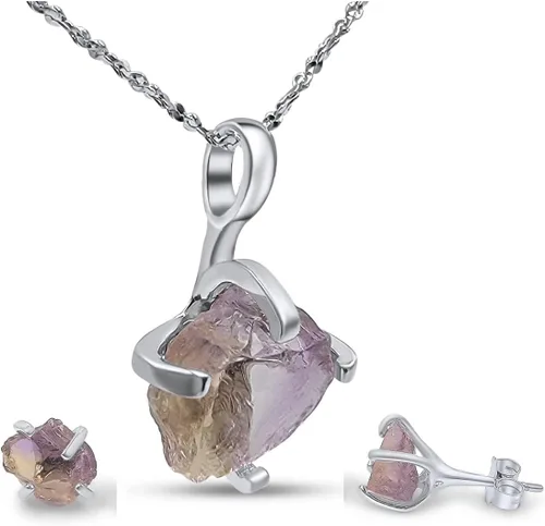 Vista 151 de Juego de joyas de piedras preciosas crudas reales con plata de ley 925 chapada en oro real, collar y aretes de piedra natal, regalo para ella por