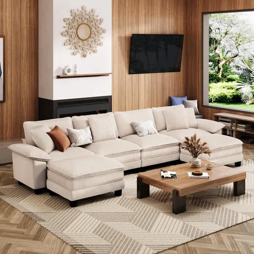 Vista 10 de Sofá seccional en forma de U de 123 pulgadas con cojines tipo nube, juego de sofá modular de asiento profundo con 5 asientos y 2 otomanos, brazos