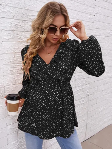 Vista 3 de OYOANGLE Blusa de maternidad con cuello en V y manga larga con volantes para embarazo