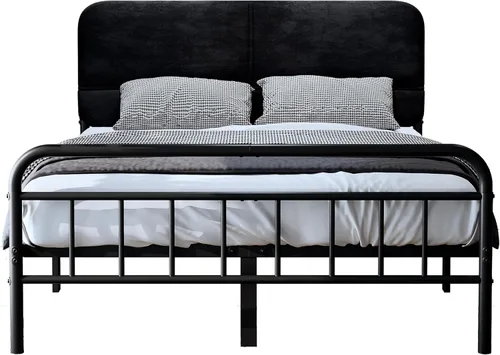 Vista 8 de Base de cama de 14 pulgadas de metal, base de cama tamaño Queen con cabecera tapizada, base de colchón resistente y de alta capacidad, fácil Negro