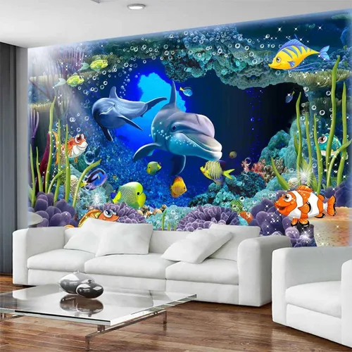 Vista 3 de Fondos de pantalla de flora y fauna del lecho marino, murales de pared de delfines y peces marinos nadando libremente, grandes murales de arte
