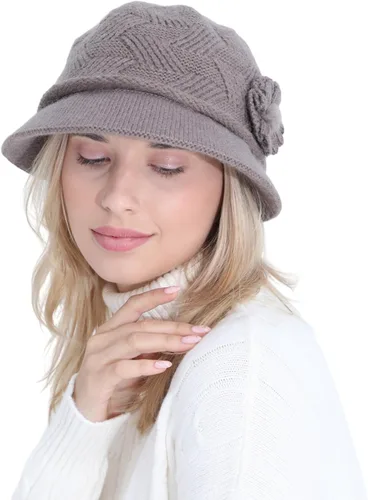 Vista 107 de C-US - Gorro de punto cálido para mujer, con visera de ganchillo con acento de flores