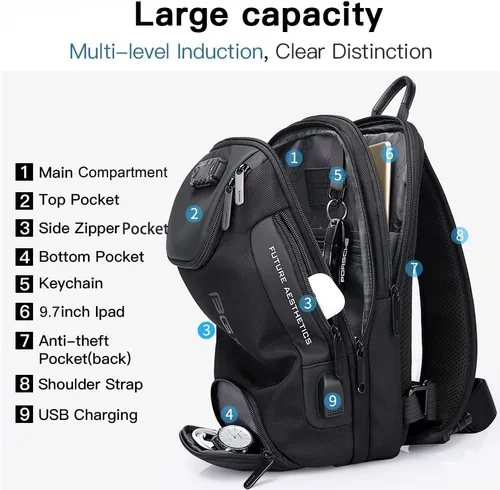 Vista 2 de BANGE Bolso bandolera impermeable para hombre, bolso de hombro bandolera para hombre, Black Upgrade Anti-robo, M, Viajar