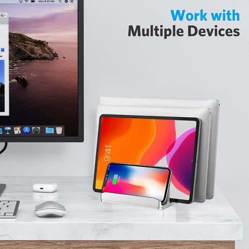 Vista 7 de Soporte vertical para laptop [versión actualizada], soporte de escritorio de 3 ranuras con base ajustable, soporte de aluminio 4 en 1
