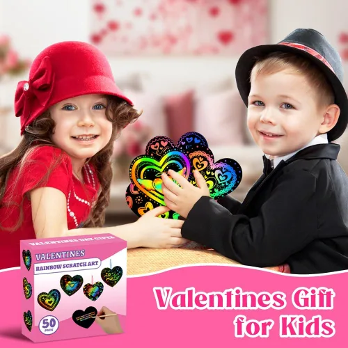 Vista 10 de MDCGFOD Paquete de 50 regalos para el día de San Valentín para niños, cuna de corazón para arañar arco iris, manualidades de San Valentín para 50