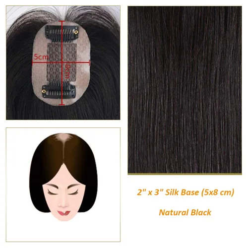 Vista 4 de Toppers de cabello humano para mujer con cabello fino, clips en 2 x 3 pulgadas, base de seda, corona de 6.7 pulgadas, marrón oscuro