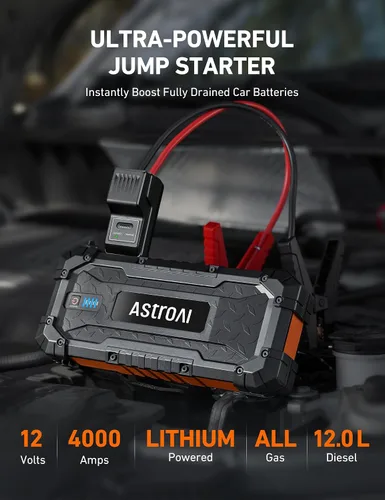 Vista 2 de AstroAI S8 Ultra 4000A arrancador de coche, caja de salto hasta todos los motores de gasolina y diésel de 12L, banco de energía portátil de 12 V