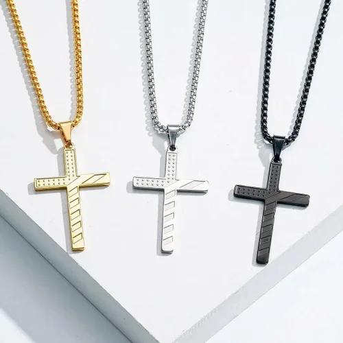 Vista 5 de Ursteel Collar de cruz para hombre, oro de 18 quilates, plata negra, bandera americana, acero inoxidable, collar con colgante de cruz para hombres