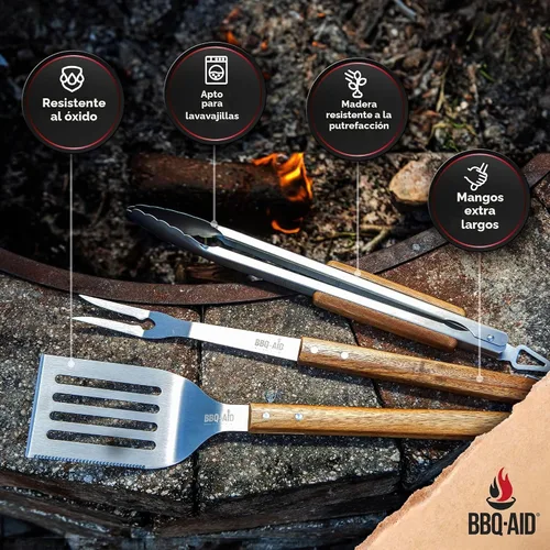 Vista 3 de Juego de 3 accesorios para barbacoa – Pinzas para barbacoa – Juego de espátula y tenedor – Herramientas resistentes de acero inoxidable