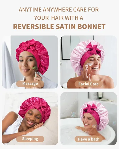 Vista 7 de Gorro de satén para mujer, gorro de seda para dormir, gorro de pelo rizado con banda de corbata, doble capa para dormir, envoltura para el cabello