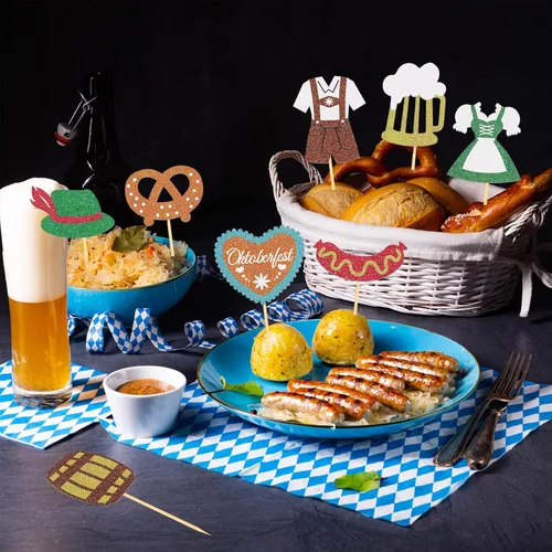 Vista 3 de 24 adornos para cupcakes con purpurina para el Oktoberfest, decoración para tartas del día de la cerveza, para festivales bávaros para suministros