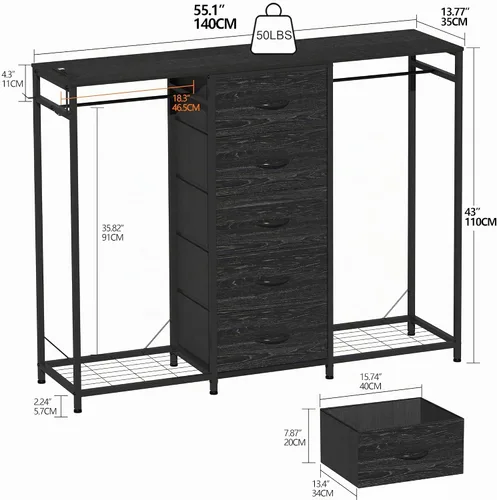 Vista 3 de Espelism Cómoda para dormitorio con perchero, cómoda de 5 cajones con estación de carga, luces LED, cómoda blanca, estante flexible y espacio