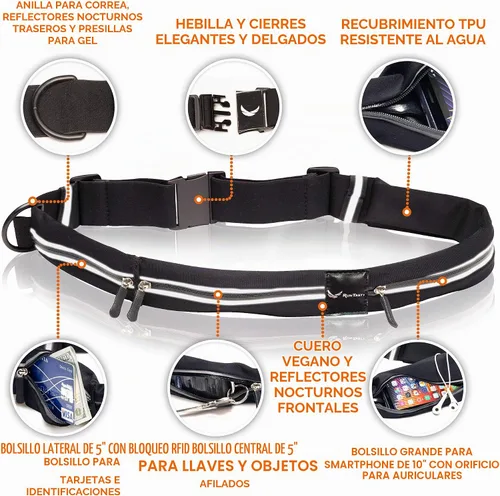 Vista 6 de Riñonera definitiva de corredores de 3 bolsillos con funda RFID, se adapta a iPhone y Android, sin rebote, resistente al agua, cinturón de correr