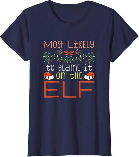 Vista 30 de Camiseta de Navidad familiar a juego con la frase "Most Likely To Blame It On The Elf" Negro