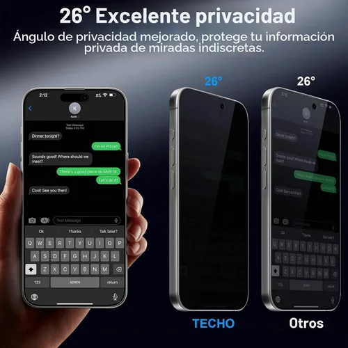 Vista 2 de TECHO Protector de pantalla de privacidad para iPhone 15 Pro Max, película de vidrio templado, cobertura completa de borde a borde, anti espía