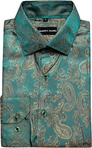 Vista 6 de Barry.Wang Camisas casuales para hombre, camisa de vestir de manga larga con estampado de cachemira de seda para fiesta de negocios, tejido