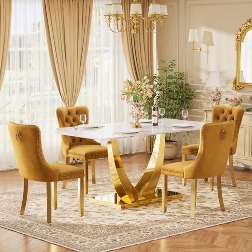 Vista 48 de Juego de mesa de comedor de cristal moderno de mediados de siglo para 4, 63 pulgadas, juego de comedor rectangular grande de lujo con parte superior