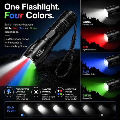 Vista 3 de Linterna recargable roja 4 en 1, linterna LED multicolor (blanco/rojo/azul/verde) con 4 modos, linterna con zoom de alto lúmenes para camping